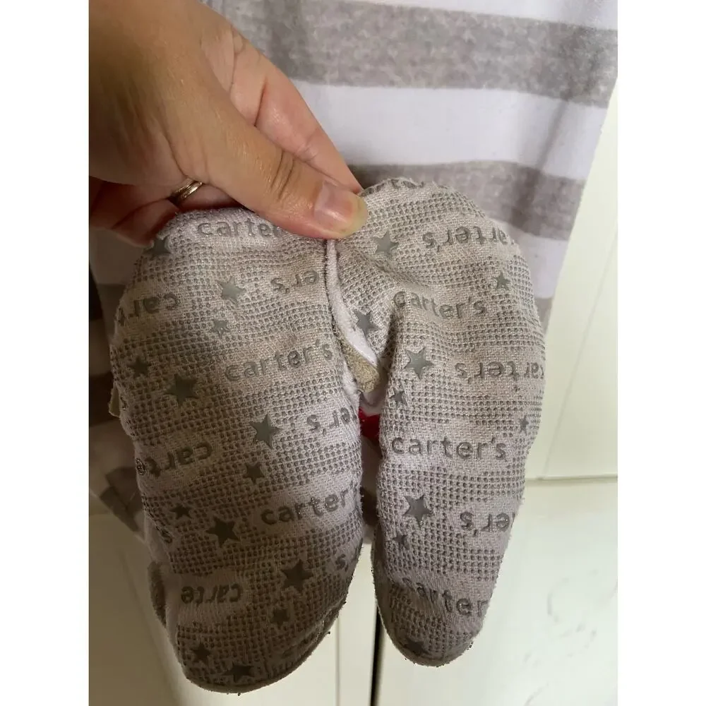 Carter's Gray White Striped Santa's‎ Little Helper Zipper Fleece Sleeper 4T Red